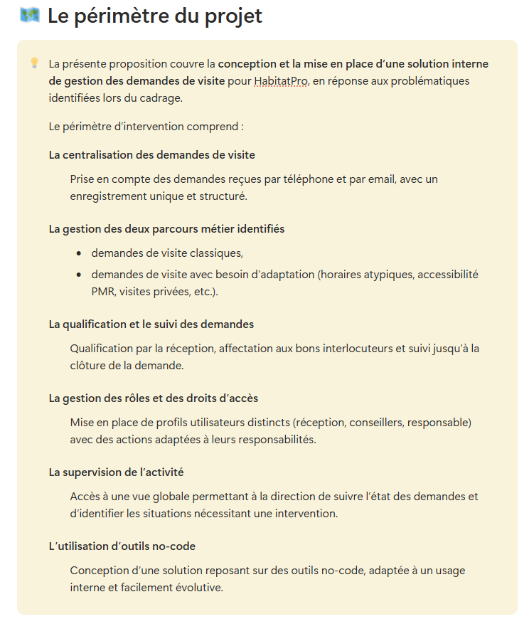Note de cadrage, première partie : « Le périmètre du projet », avec la liste de ce que la proposition comprend