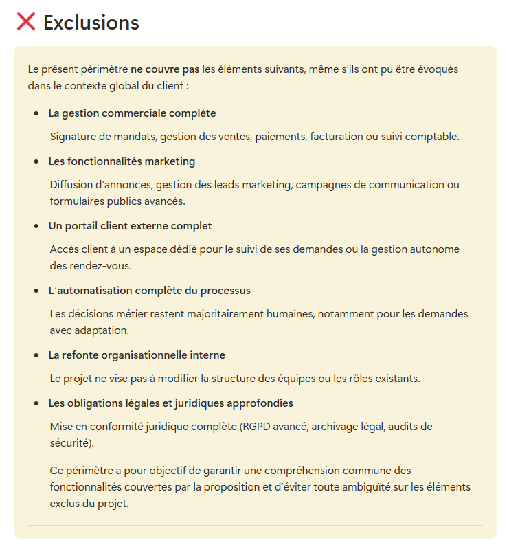 Note de cadrage, seconde partie : « Exclusions », la liste de ce que le projet ne couvre pas