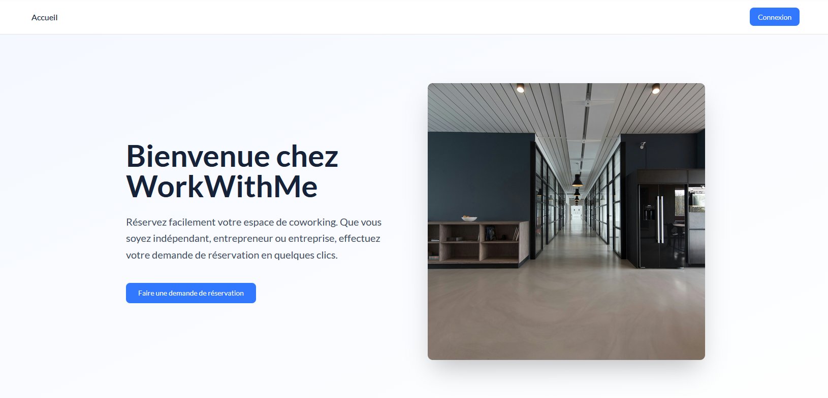 Page d’accueil du portail de réservation WorkWithMe, avec le bouton pour faire une demande